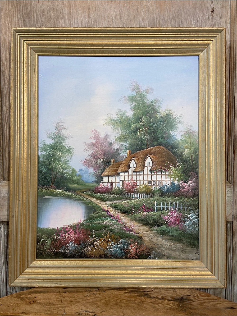 Vintage Framed Cottage Landscape Painting – Signed Marten | Gold Frame